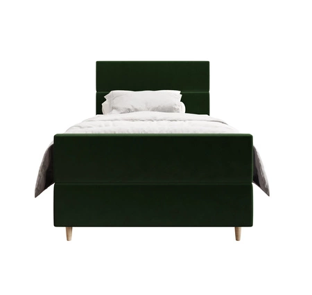 Łóżko kontynentalne Benet 90x200 butelkowa zieleń w nowoczesnym skandynawskim stylu z tapicerowanym zagłówkiem oraz zanóżkiem łóżko z pojemnikiem