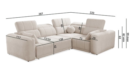 Narożnik z funkcją spania Cetara II brązowy prawostronny stylowy design przesuwane oparcia regulowane zagłówki i pojemnik na pościel