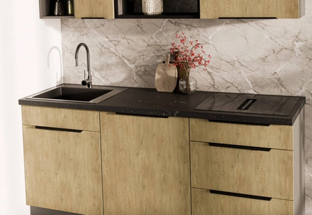 Zestaw mebli kuchennych Corsico 180 cm eleganckie szafki kuchenne o modnej i naturalnej kolorystyce idealny zestaw do małej kuchni