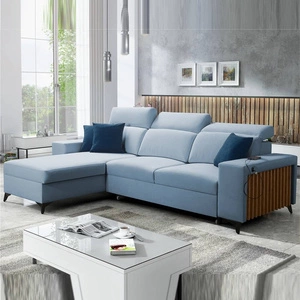 Narożnik z funkcją spania Kelly błękitny lewostronny velvet komfort i funkcjonalność bok narożnika wykończony lamelami