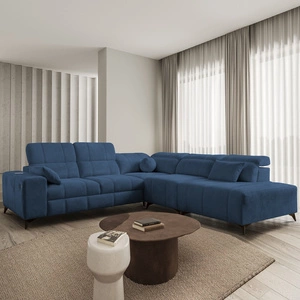 Narożnik z funkcją spania Penejos IX niebieski prawostronny stylowy narożnik z pojemnikami na pościel wygodne regulowane zagłówki