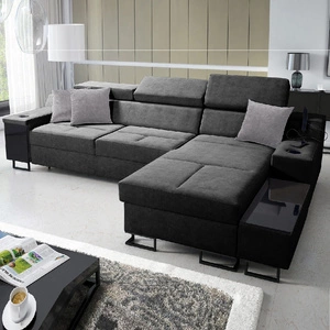 Narożnik z funkcją spania Alcamo szary prawostronny elegancki i stylowy narożnik z dostawką praktyczna szuflada w boczku mebla