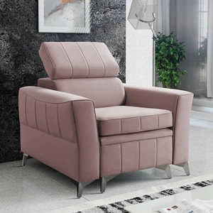 Fotel Rava lawendowy róż praktyczny i komfortowy fotel do salonu z regulowanym zagłówkiem oraz pojemnikiem miękka tkanina typu velvet