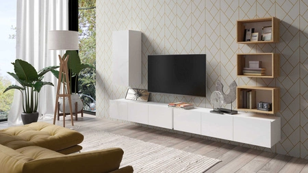 Meblościanka Apulia XXXVI biały połysk / dąb złoty wyjątkowo stylowa meblościanka proste bryły wpisujące się w każde wnętrze