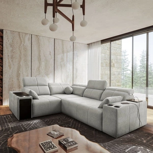 Narożnik z funkcją spania Tesalia II szary popiel lewostronny komfortowy narożnik do salonu z przesuwanym oparciem pojemnik na pościel