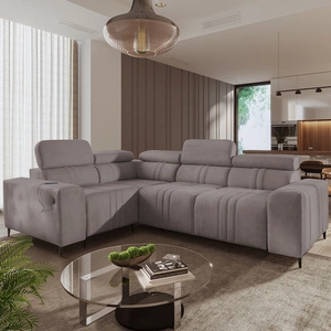 Narożnik z funkcją spania Castel II szary brąz lewostronny komfortowy narożnik z regulowanymi zagłówkami pojemnik na pościel