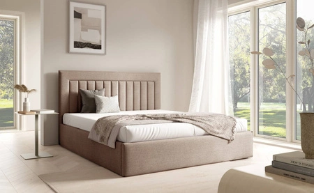 Łóżko tapicerowane Togo 140x200 beżowe eleganckie i funkcjonalne łóżko do sypialni gustowne pionowe przeszycia na wezgłowiu