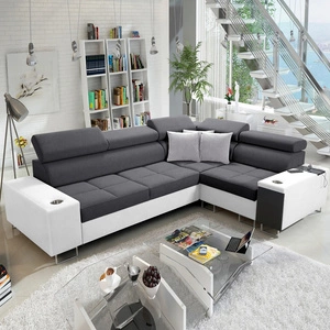 Narożnik z funkcją spania Dafni II grafitowo biały prawostronny pleciony narożnik z pojemnikiem na pościel szuflada z pełnym wysuwem