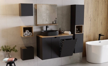 Zestaw mebli łazienkowych Nova czarny / dąb coast evoke designerskie pionowe ryflowania na frontach mebli gustowne frezowane uchwyty