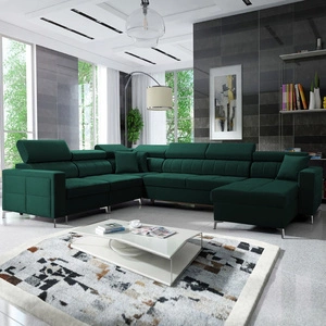 Narożnik z funkcją spania Nausa VII butelkowa zieleń prawostronny elegancki narożnik do salonu wykonany z miękkiej tkaniny typu velvet
