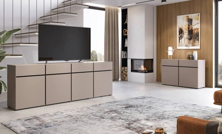 Komoda z szufladami Cross 225 cm ciemny beżowy prosta forma w nowoczesnym wydaniu idealna komoda do salonu geometryczny kształt