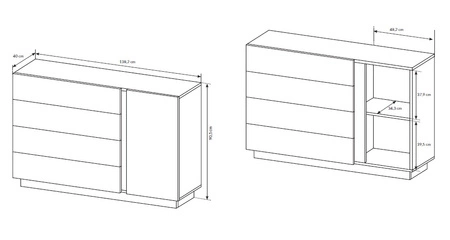 Komoda z szufladami Adria 138 cm biały połysk / dąb grandson nowoczesny design mebla obrzeża komody wykończone specjalną okleiną ABS