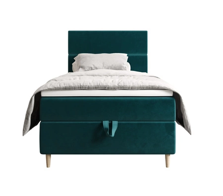 Łóżko kontynentalne Bing 100x200 turkusowe w nowoczesnym skandynawskim stylu z tapicerowanym zagłówkiem łóżko z pojemnikiem
