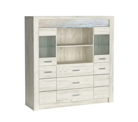 Komoda z szufladami Indiana 137 cm kraft biały gustowna stylistyka komody z przeszkleniem ozdobna deska na froncie komody oświetlona LED