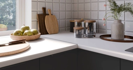 Zestaw mebli kuchennych narożny Alatri Wh 290x230 cm stylowe szafki kuchenne z frontami wykonanymi w technologii anti fingerprint