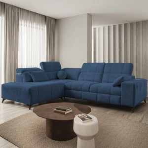 Narożnik z funkcją spania Penejos VII niebieski lewostronny stylowy narożnik z pojemnikiem na pościel wygodne regulowane zagłówki