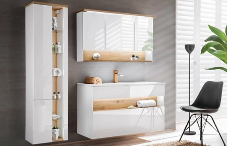 Szafka pod umywalkę Bahama 120 cm biały połysk / dąb wotan stylowa szafka z pojemną szufladą klimatyczne oświetlenie LED