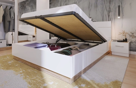 Łóżko Dentro 140x200 cm biały / dąb stirling komfortowe łóżko do sypialni z pojemnikiem zagłówek wzbogacony o oświetlenie LED