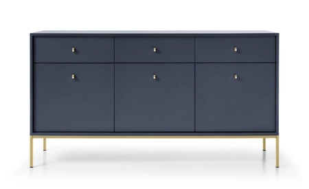 Komoda z szufladami Mono 154 cm granatowa minimalistyczny design stylowy uchwyt prosta forma wzbogacona o metalowe złote elementy