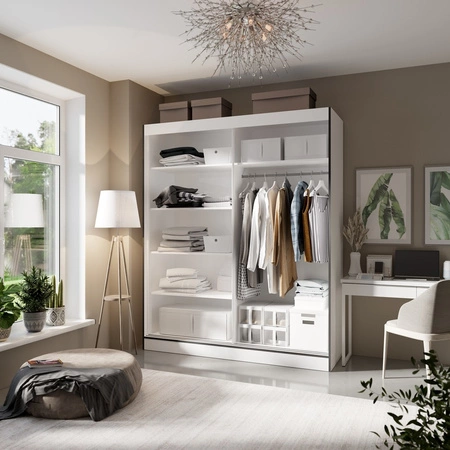 Szafa przesuwna z lustrem Osgar 180 cm biały / czarny pojemna szafa doskonale odnajdzie się w pokoju młodzieżowym lub sypialni