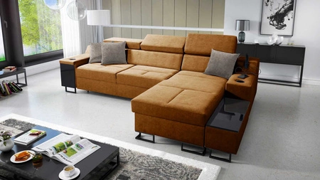 Narożnik z funkcją spania Alcamo miodowy prawostronny elegancki i stylowy narożnik z dostawką praktyczna szuflada w boczku mebla