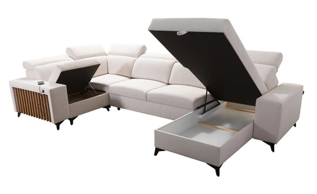 Narożnik z funkcją spania Kelly IV czarny prawostronny pleciony komfortowy narożnik regulowane zagłówki bok wykończony lamelami