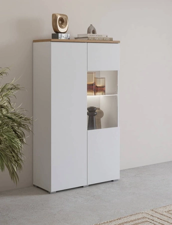 Witryna niska Modo 80 cm biała / dąb mauvella elegancka witryna prosta bryła idealna do każdego wnętrza elementy z bezpiecznego szkła hartowanego