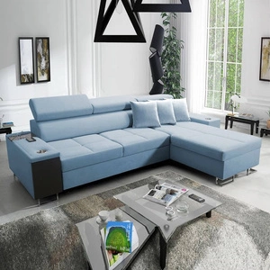 Narożnik z funkcją spania Dafni błękitny prawostronny velvet komfort i funkcjonalność podczas codziennego wypoczynku