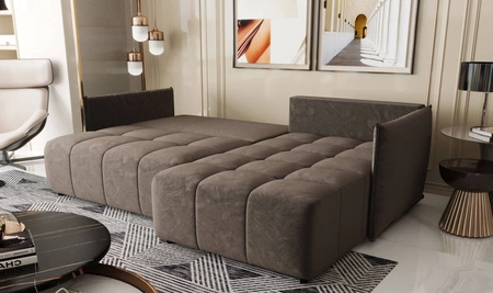 Narożnik z funkcją spania Oroso jasny brąz prawostronny miękka tkanina typu velvet z powłoką hydrofobową pojemnik na pościel