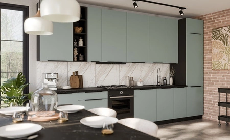 Zestaw mebli kuchennych Treviso Bl 390 cm stylowe szafki kuchenne z frontami wykonanymi w technologii anti fingerprint metalowe uchwyty