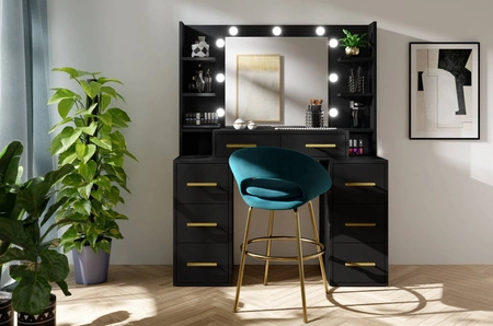 Toaletka Adel 110 cm czarna z oświetleniem LED toaletka z lustrem w stylu glamour pojemne szuflady metalowe uchwyty