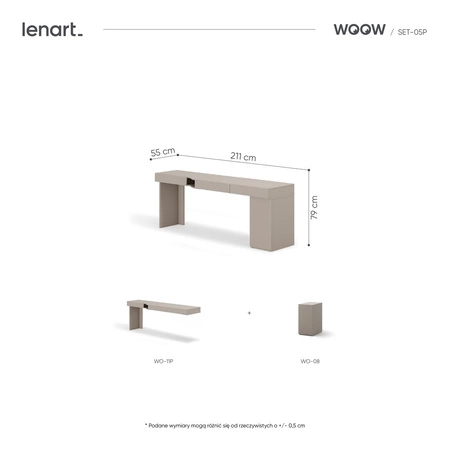 Biurko z kontenerkiem Woow 211 cm clay grey prawe funkcjonalne biurko młodzieżowe z możliwością obustronnego montażu