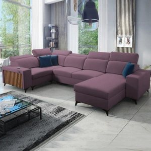 Narożnik z funkcją spania Kelly IV wrzosowy prawostronny velvet komfortowy narożnik regulowane zagłówki bok wykończony lamelami