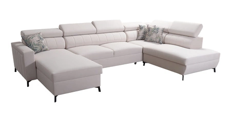 Narożnik z funkcją spania Savona VI niebieski / biały lewostronny elegancki i komfortowy narożnik do salonu dwa pojemniki na pościel