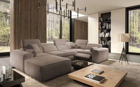 Narożnik z funkcją spania Viano IV Lux jasny brąz lewostronny designerski narożnik z wysuwanym podnóżkiem duży pojemnik na pościel