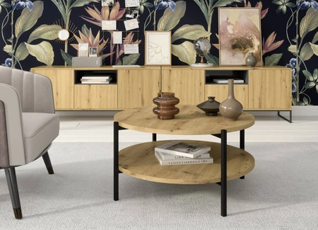 Stolik kawowy okrągły 84 cm Sampi dąb artisan z dodatkową półką lekki design metalowa podstawa idealny stolik do każdej aranżacji