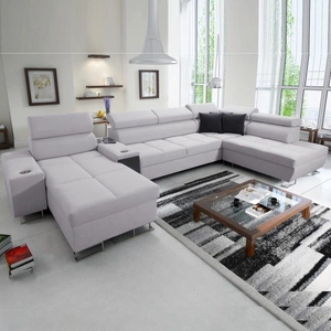 Narożnik z funkcją spania Dafni V szary popiel lewostronny pleciony wygodny i komfortowy narożnik z regulowanymi zagłówkami