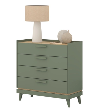 Komoda z szufladami Scandia 90 cm zielona / dąb olejowany stylowy design komody osadzonej na wysokich nogach idealna do salonu lub pokoju nastolatka