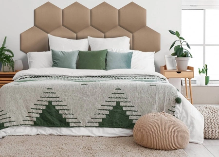 Panel tapicerowany Heksagon 30x26 cm beżowy stylowy panel ścienny welurowa tkanina modna dekoracja każdego wnętrza