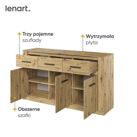 Komoda z szufladami Arti 160 cm dąb artisan elegancki i uniwersalny styl komody do sypialni lub salonu gustowne czarne uchwyty