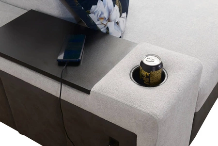 Narożnik z funkcją spania Flavio szary popiel / grafitowy prawostronny elegancki narożnik z dostawką otwierany barek w boczku mebla