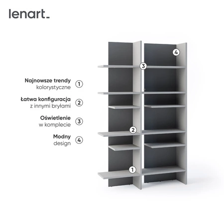 Regał Fitt 119 cm metalic ciemny / metalic jasny prawy designerski regał do biura lub salonu oryginalna konstrukcja z podświetleniem