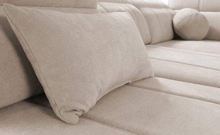 Narożnik z funkcją spania Cetara brązowy prawostronny stylowy design komfortowe przesuwane oparcia regulowane zagłówki