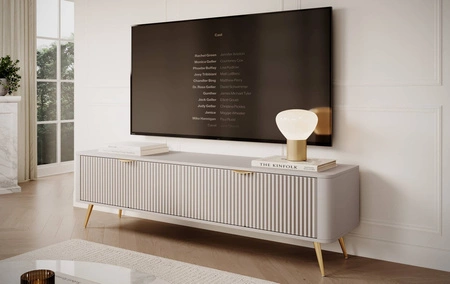 Szafka RTV Lante 163 cm beżowa designerska szafka pod telewizor w modnym stylu zaokrąglone krawędzie bryły gustowny ryflowany front