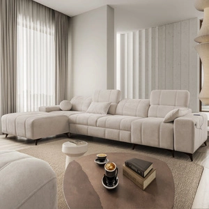 Narożnik z funkcją spania Penejos XII beżowy lewostronny stylowy narożnik z pojemnikami na pościel komfortowe regulowane zagłówki