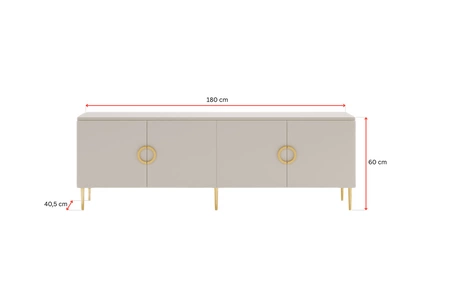 Komoda Belluna 180 cm beżowa designerska niska komoda doskonała do sypialni lub salonu stylowe złote uchwyty i wysoka podstawa