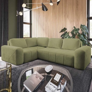 Narożnik z funkcją spania Bovec II oliwkowy lewostronny komfortowy narożnik rozkładany o stylowym charakterze pojemnik na pościel