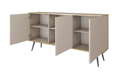 Komoda Luxury 160 cm biała elegancki design korpus zwieńczony złotą listwą komoda wsparta na czarnych metalowych nogach