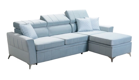 Narożnik z funkcją spania Rava lawendowy róż prawostronny velvet komfortowy i funkcjonalny narożnik z regulowanymi zagłówkami