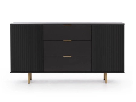 Komoda z szufladami Sula 150 cm czarna elegancka i funkcjonalna komoda z ozdobnymi ryflowanymi frontami i metalowymi uchwytami